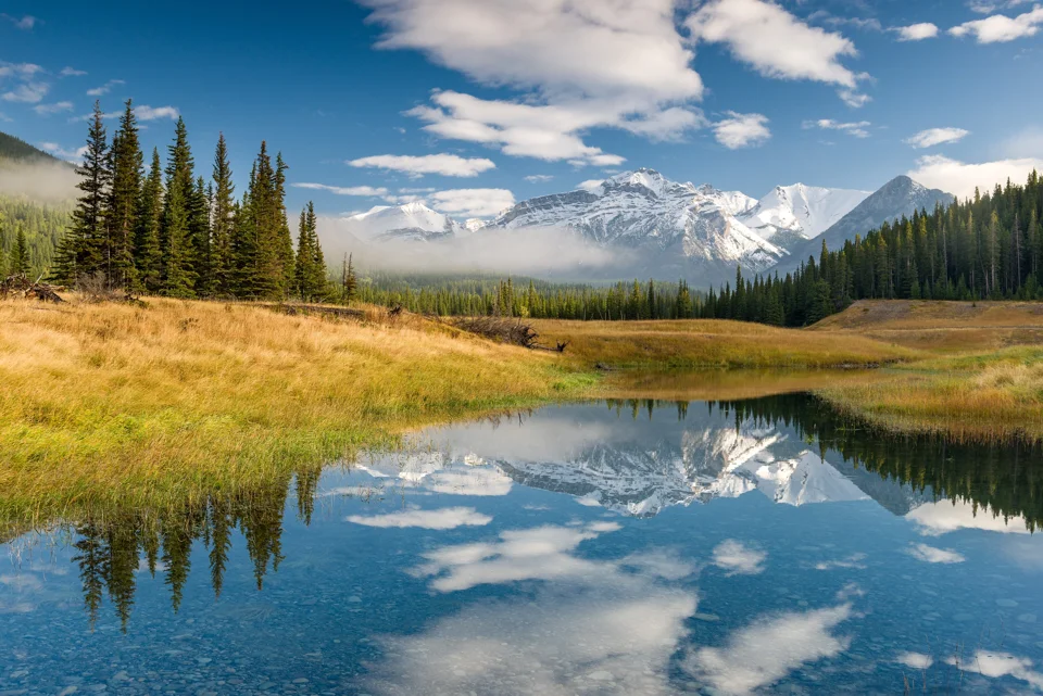 Snow-covered mountains and evergreen forest reflected in a pond in Banff National Park, Canada